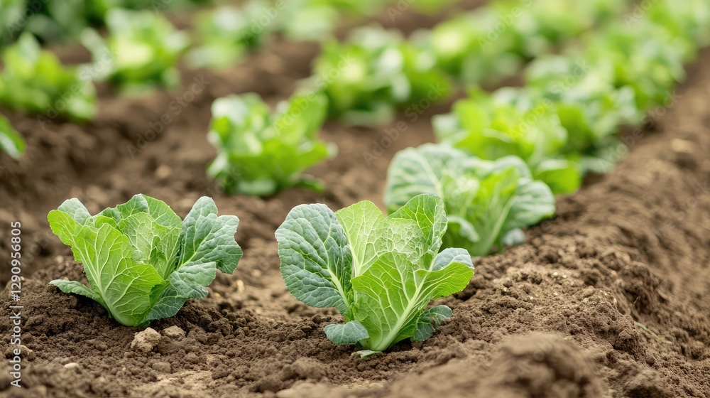 Neatly planted rows of leafy green cabbage plants growing in fertile soil under natural sunlight, clear space for text. Neatly planted rows of leafy green cabbage plants growing in fertile soil under natural sunlight, clear space for text.
