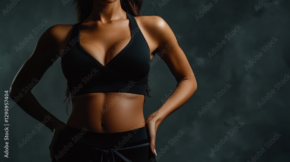 Obraz premium A confident female highlights her fit physique in a stylish black top, creating a striking focus on her toned belly against a dramatic dark background