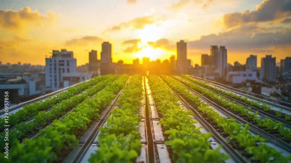 Fototapeta premium Rooftop farm with symmetrical rows of crops and irrigation lines set against a sunset skyline, clear space for copy text.