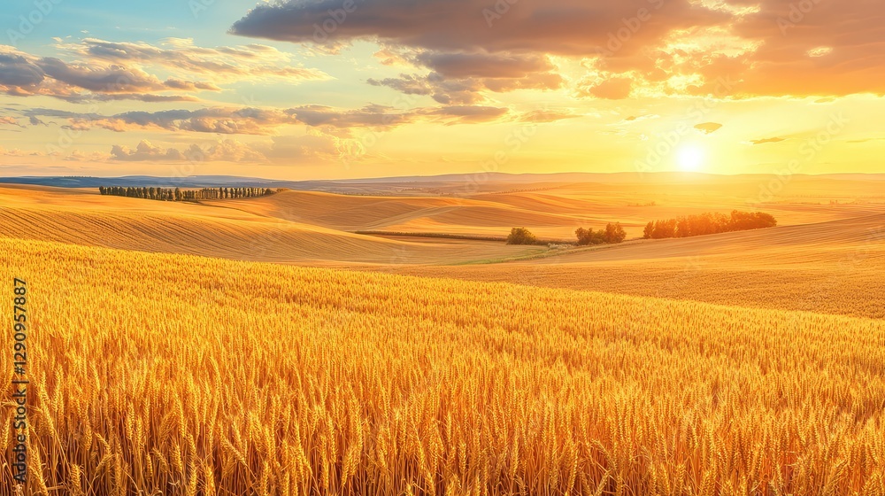 Rolling hills covered in golden wheat, under a dramatic sunset sky, serene rural scene with plenty of copy space. Rolling hills covered in golden wheat, under a dramatic sunset sky, serene rural scene with plenty of copy space.