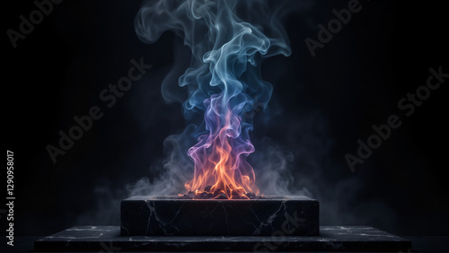 Mystical Orange-Pink-Purple Fire with Bluish Smoke on Dark Gray Marble Platform Against Black Background