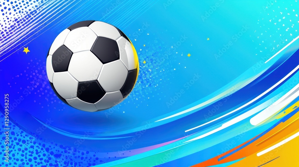 Naklejka premium Soccer ball on vibrant blue background with dynamic lines and stars.