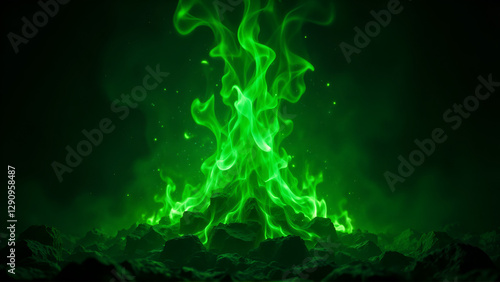 Otherworldly Vibrant Green Fire with Ethereal Quality Burning Among Dark Textured Rocks Against Black Background