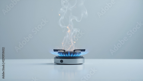 Single Gas Burner with Bright Blue Flame and Grey Smoke Plume Rising Above on Minimalist Modern Stovetop against Pale Grey Background