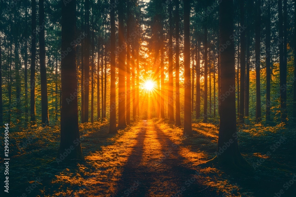 Fototapeta premium Radiant Rays Filtering Through the Majestic Forest at Golden Hour