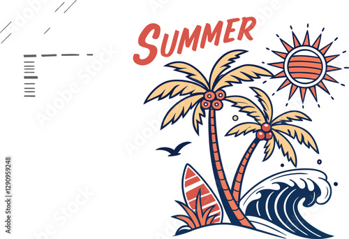 Tropical Summer Illustration with Palm Trees and Surf, vector , t-shirt design