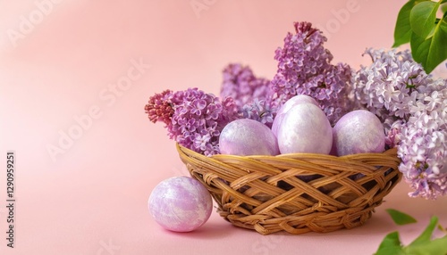 Easter eggs in a basket with lilac flowers on a pink background