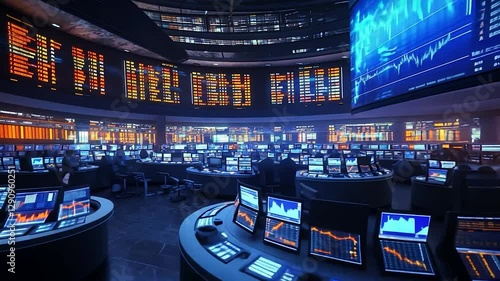 Busy financial center, trading floor at night, stock market data screens