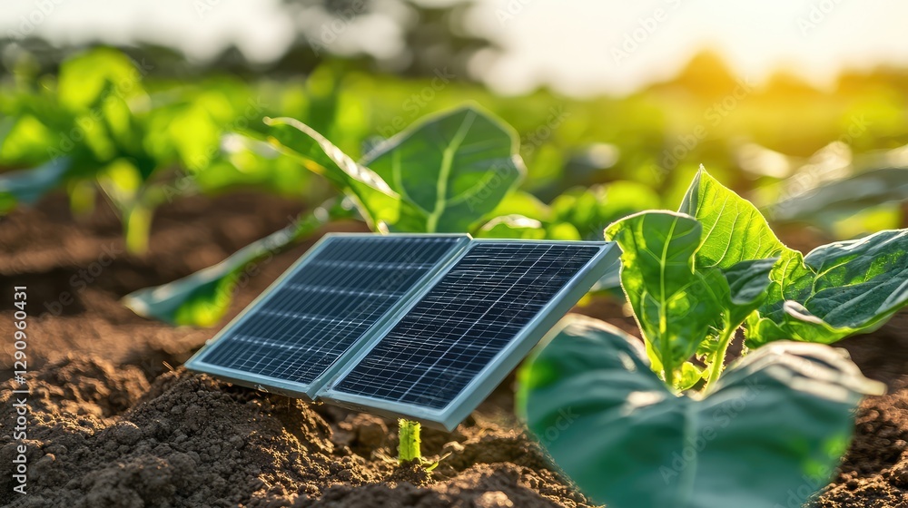 Fototapeta premium Solar-powered sensors monitoring soil temperature in a large crop field, sustainable smart agriculture with clear space for text.