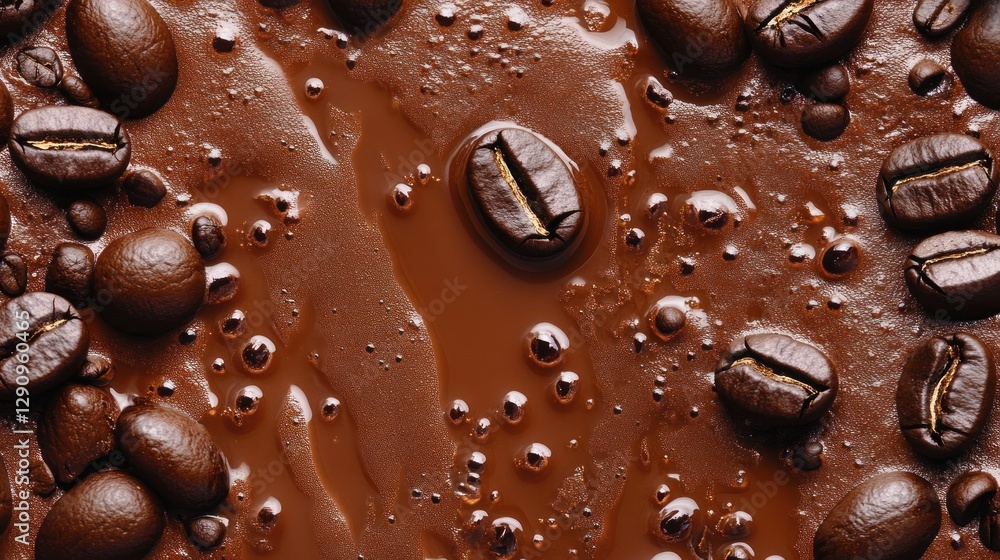 Rich chocolate sauce with coffee beans background Rich chocolate sauce with coffee beans background
