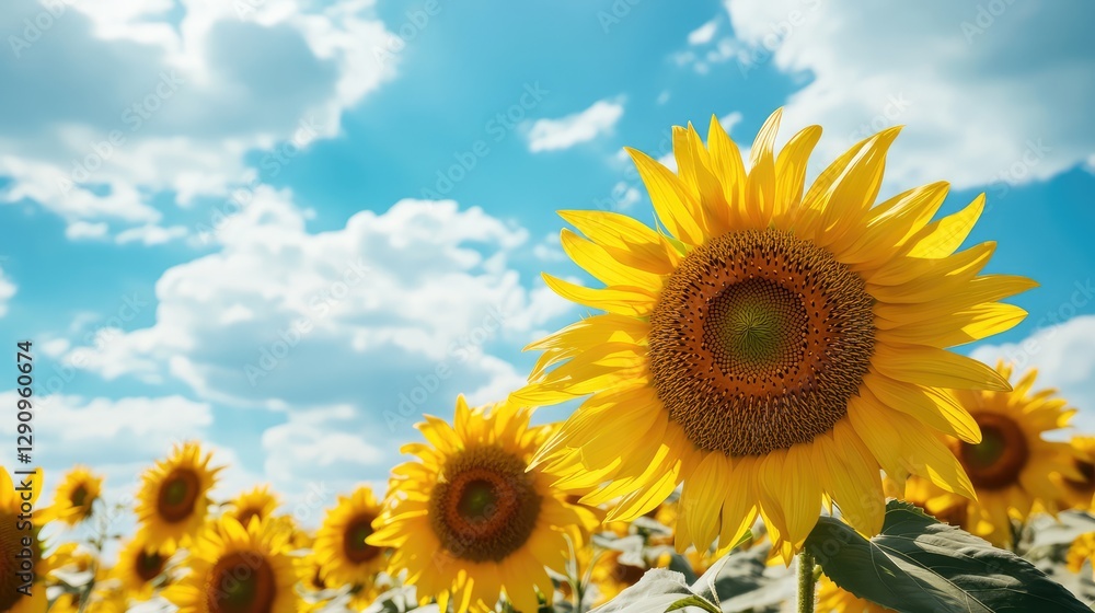 Vast sunflower field in full bloom under a bright blue sky, vibrant yellow flowers creating a cheerful background for copy space. Vast sunflower field in full bloom under a bright blue sky, vibrant yellow flowers creating a cheerful background for copy space.