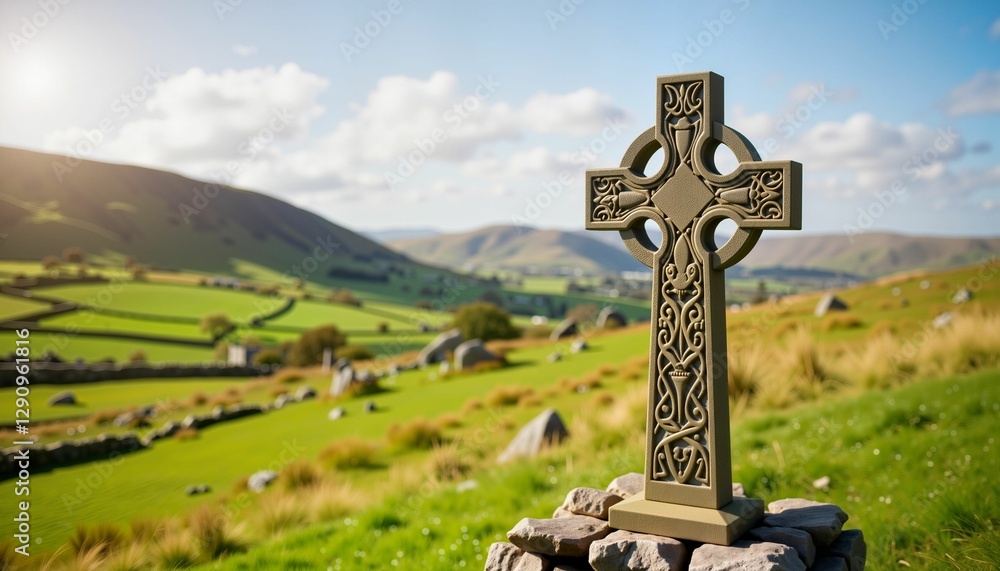 Celtic cross standing in green meadow with rolling hills, spiritual symbolism Celtic cross standing in green meadow with rolling hills, spiritual symbolism