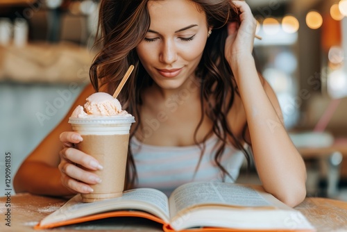 Young Woman Finds Solace Enjoying Reading, Coffee, And Ice Cream in a Cozy Cafe Setting photo