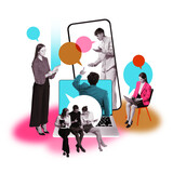 Business professionals using digital devices for online discussions, exchanging ideas through speech bubbles. Concept of networking, collaboration, and corporate digital interaction. Creative collage