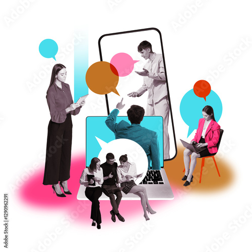 Business professionals using digital devices for online discussions, exchanging ideas through speech bubbles. Concept of networking, collaboration, and corporate digital interaction. Creative collage photo