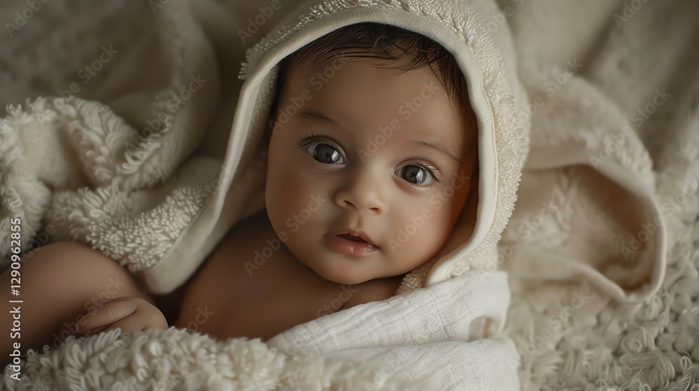 A baby with big brown eyes looks at the camera with a curious expression. A baby with big brown eyes looks at the camera with a curious expression.