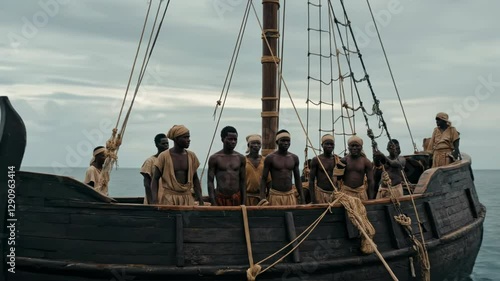 Historical depiction of enslaved people on wooden ship deck, transatlantic slave trade era representation, educational visual for colonial history and human rights studies