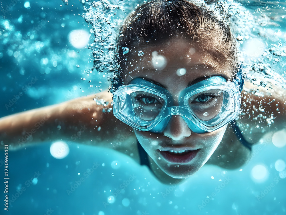 Fototapeta premium Cheerful Woman Swimming Underwater in a Pool Wearing Goggles