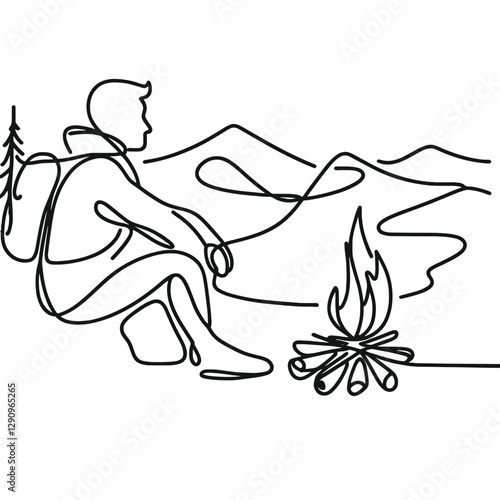 Camper icon enjoying fire at mountains, outdoor adventure concept