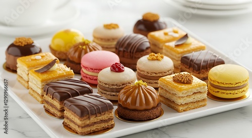 A selection of assorted petit fours arranged elegantly on a white platter
