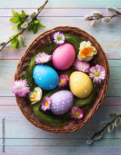 Easter basket with colorful eggs and spring flowers on wooden background, top view 