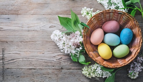 Easter basket with colorful eggs and spring flowers on wooden background, top view 