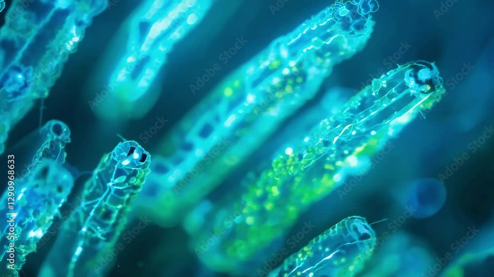 Glowing blue microorganisms in motion: a mesmerizing underwater dance Glowing blue microorganisms in motion: a mesmerizing underwater dance