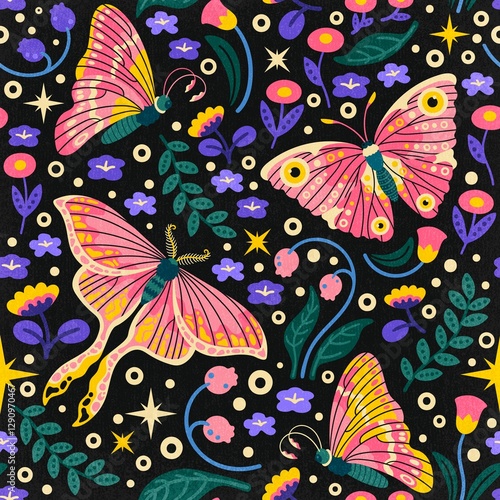 Fototapeta Naklejka Na Ścianę i Meble -  Aesthetic butterfly seamless pattern background, fairytale animal illustration
