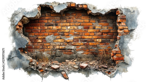Breached Wall: A dramatic view of a broken wall revealing the brickwork. The image encapsulates destruction and age, with a realistic rendering of the weathered materials. 