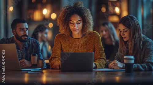 Diverse group working on laptops in a cafe at night
