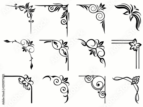 Professional Floral Corner Design Elements: 12 Vintage Black Ornaments.