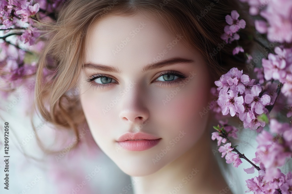 A beautiful young woman with blue eyes surrounded by pink flowers, great for beauty or lifestyle ads A beautiful young woman with blue eyes surrounded by pink flowers, great for beauty or lifestyle ads