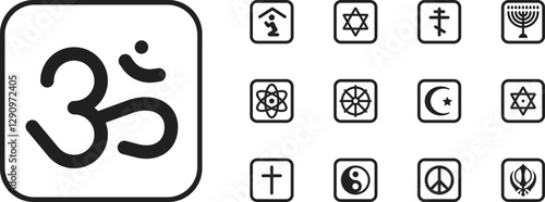 Religion Icons Set, Containing All Religion Icons Outlines. Christianity, Islam, Buddhism, Hinduism, Jainism, yin and yang, Shinto tori gate, Sikhism and swastik. Vector Illustration Collection