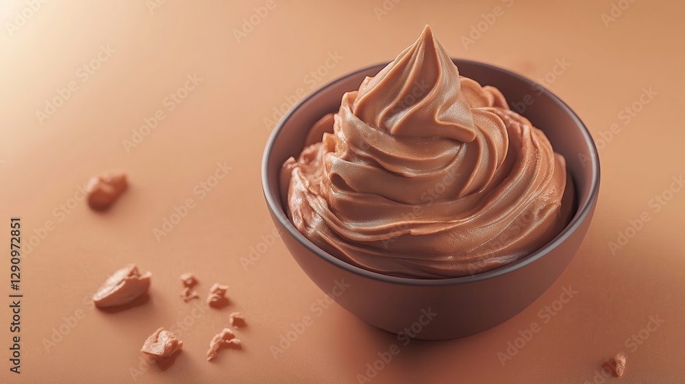 bowl of light brown, whipped, sparkly frosting, with a textured, slightly peaked swirl, positioned on a muted, copper-orange background, showcasing the subtle light and shadow bowl of light brown, whipped, sparkly frosting, with a textured, slightly peaked swirl, positioned on a muted, copper-orange background, showcasing the subtle light and shadow