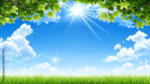 Sunny Day Landscape: Serene Meadow Under Blue Sky with Green Leaves