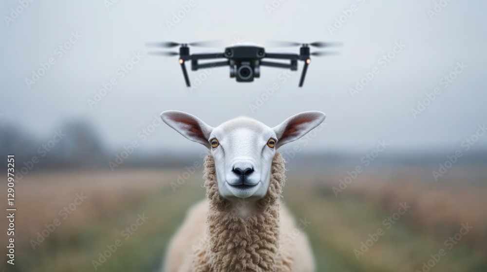 Fototapeta premium Curious sheep interacting with a drone in a scenic pastoral landscape
