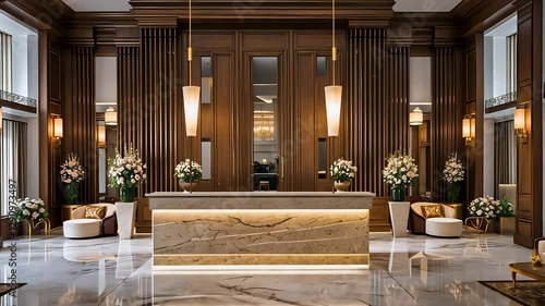 Luxurious hotel lobby with modern interior design and elegant lighting fixtures
