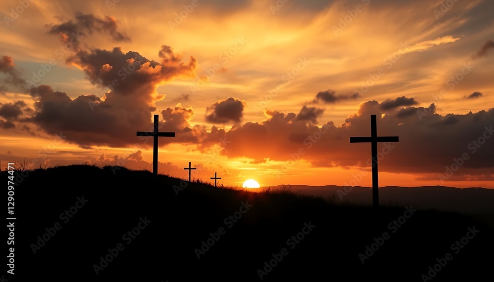 Obraz premium Silhouette of Three Crosses on Hill Against a Vibrant Sunset