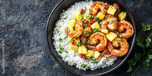 Wallpaper Mural Coconut Shrimp with Pineapple Salsa and Rice on a natural stone background Torontodigital.ca