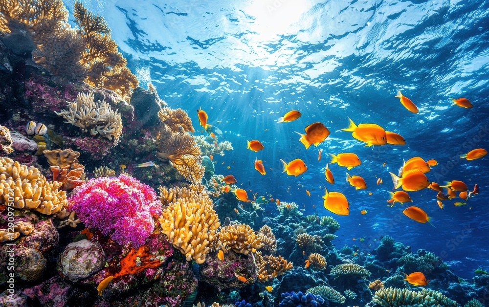 Obraz premium Colorful coral reef teeming with exotic marine life and crystal-clear water