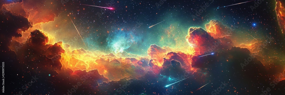 Obraz premium Colorful cosmic storm with radiant gas clouds and shooting stars