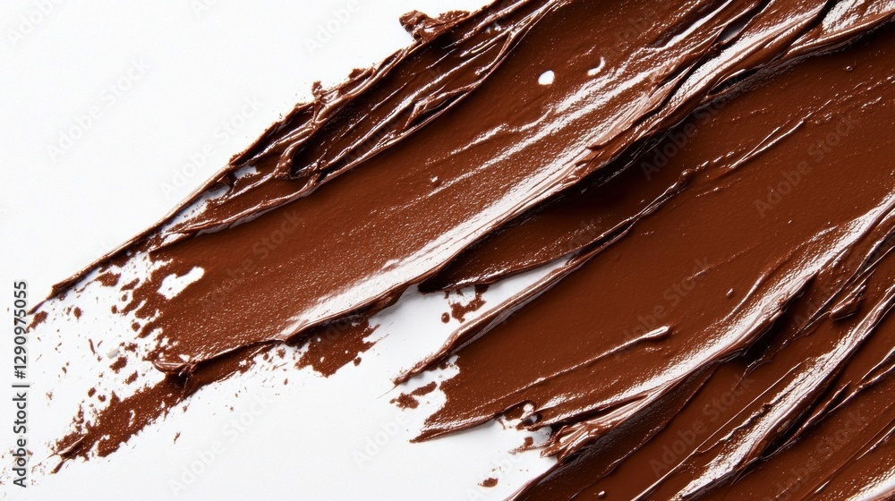 Fototapeta premium Close-up of rich, dark brown paint or chocolate smear on white background; textured strokes.