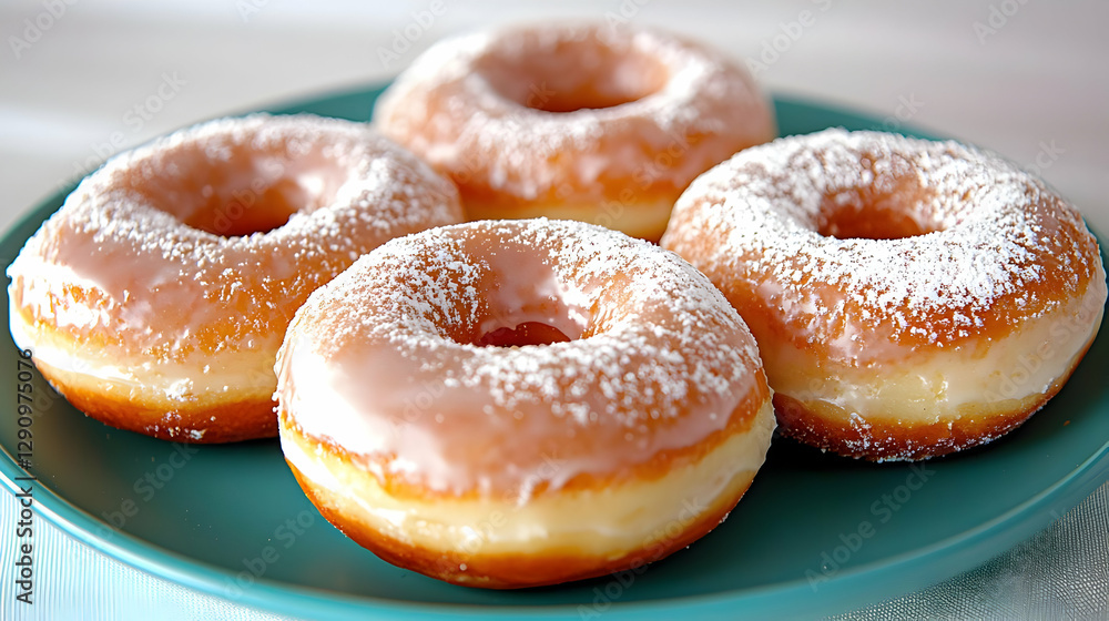 Four glazed donuts with powdered sugar on teal plate Four glazed donuts with powdered sugar on teal plate
