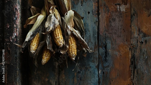 Rustic Arrangement of Harvested Corn Cobs Against an Aged Weathered Wooden Backdrop Presentation photo