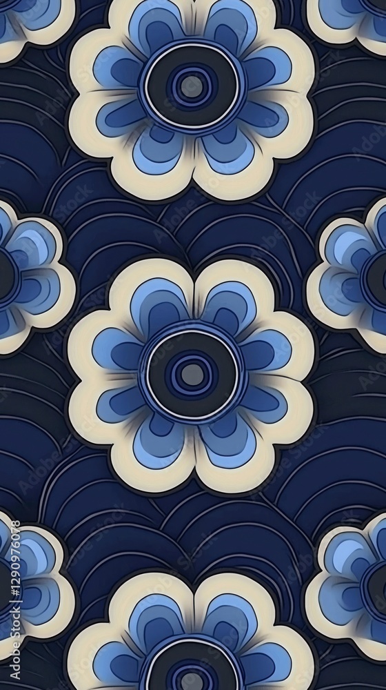 Seamless Pattern of Stylized Blue Flowers on a Dark Blue Background Seamless Pattern of Stylized Blue Flowers on a Dark Blue Background