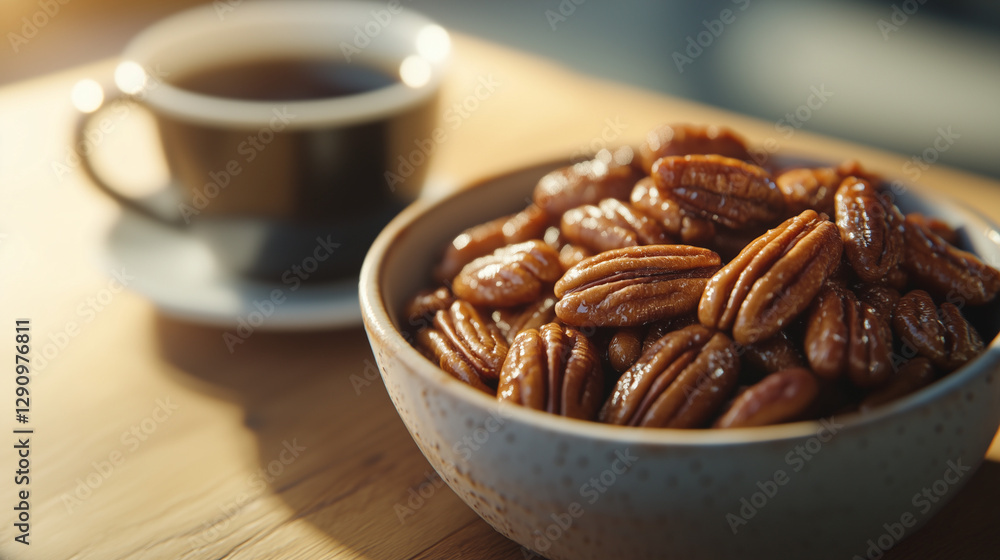 American Caramelized Pecans – Close-Up in a Bright, Airy Setting with Black Coffee for Warm Culinary and Editorial Designs American Caramelized Pecans – Close-Up in a Bright, Airy Setting with Black Coffee for Warm Culinary and Editorial Designs