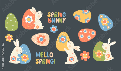Cute Easter Rabbit with Paschal Egg. Adorable Spring Holiday set. Isolated floral Bunny Animal, lettering for festive design, invitation, postcard, banner, poster. Vector illustration