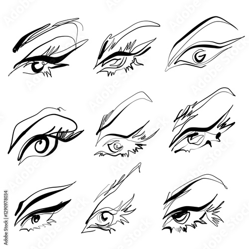 Set of nine black and white minimalist line art  vector illustrations of female eyes with long lashes