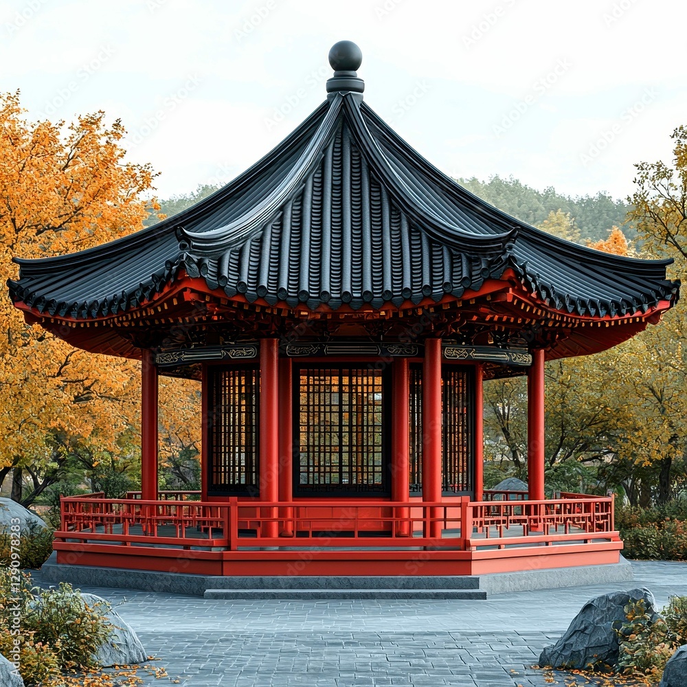 Fototapeta premium Serene Asian Pagoda Pavilion in Autumn Landscape with Black Roof and Red Pillars Tranquil Scene