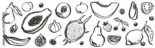 Hand drawn fruits and berries in minimalist ink chalk or charcoal style. Decorative vector elements for poster, placard, greeting card, menu or wedding invitation. Black silhouette outline isolated.